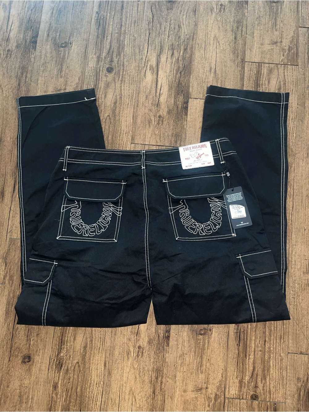 True Religion Black Cargo Pants with White Contrast Stitching